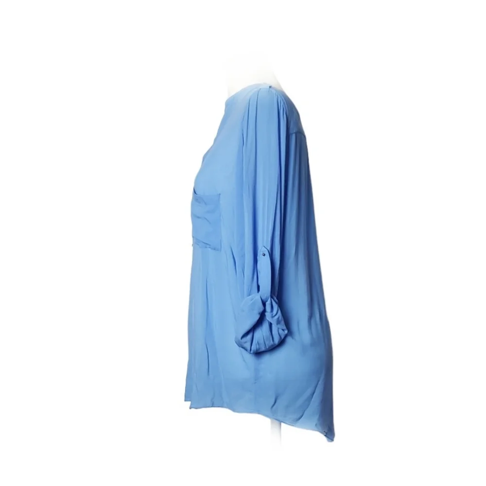 COPY - ⚪2/$20 Zara Henley Roll-Tab Sleeve Viscose Blouse Periwinkle Blue - Picture 4 of 9